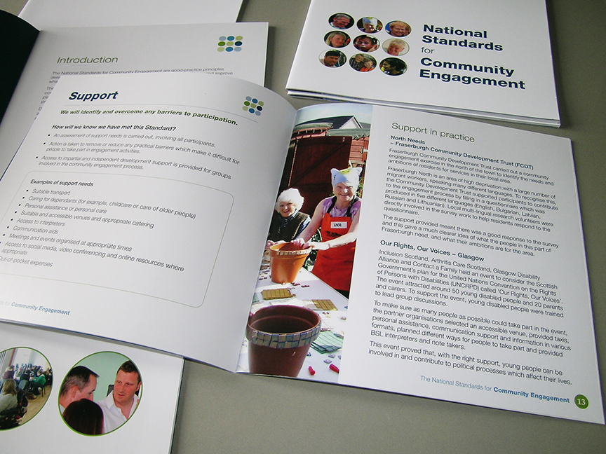 National Standards for Community Engagement booklet opened at inside page with strip of photo