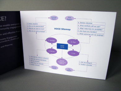 Inside of VOiCE printed A5 leaflet showning graphic